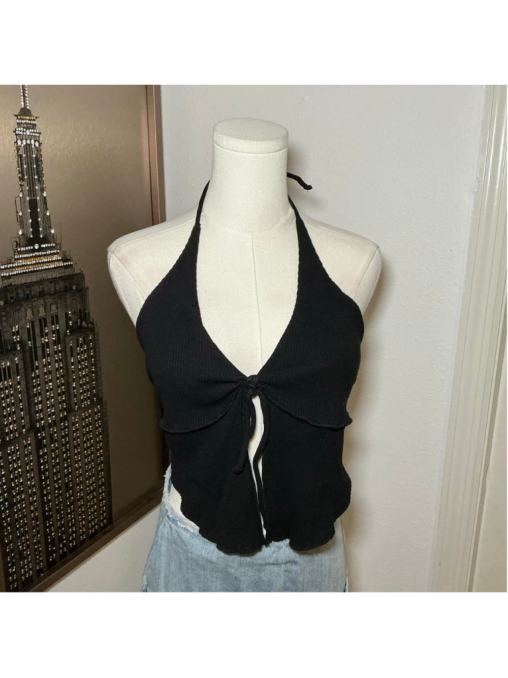 Cotton On Black Ribbed Halter Tie Front Top Y2K Size L
